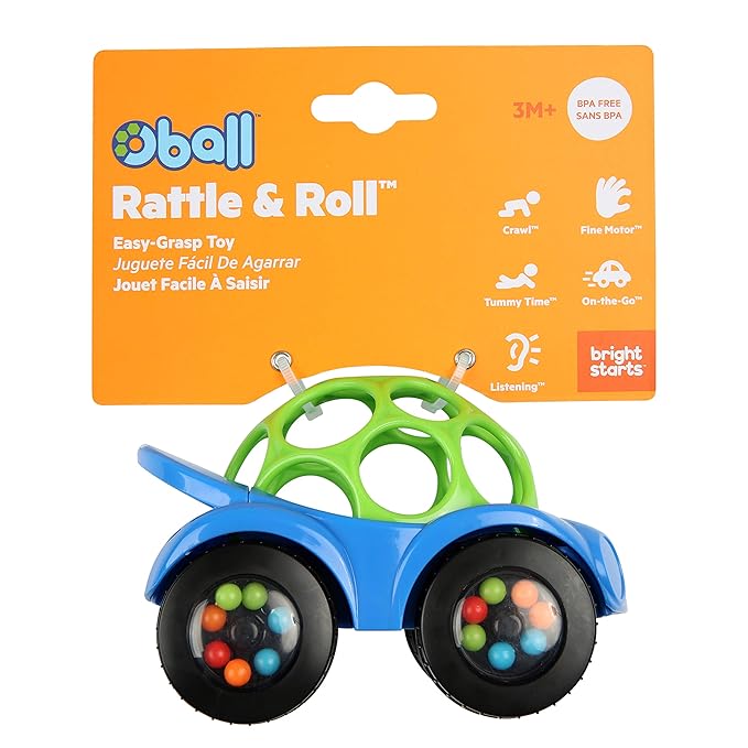 Bright Starts Oball Easy Grasp Rattle & Roll Toy Sports Car BPA-Free Infant Crawling Toy, Age 3 Months and up, Blue/Green (Pack of 6)