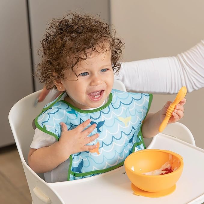 Bumkins Bibs for Girl or Boy, SuperBib Baby and Toddler 6-24 Months, Essential Must Have for Eating, Feeding, Baby Led Weaning Supplies, Mess Saving Catch Food, Waterproof Fabric 3-pk Blue Ocean Life