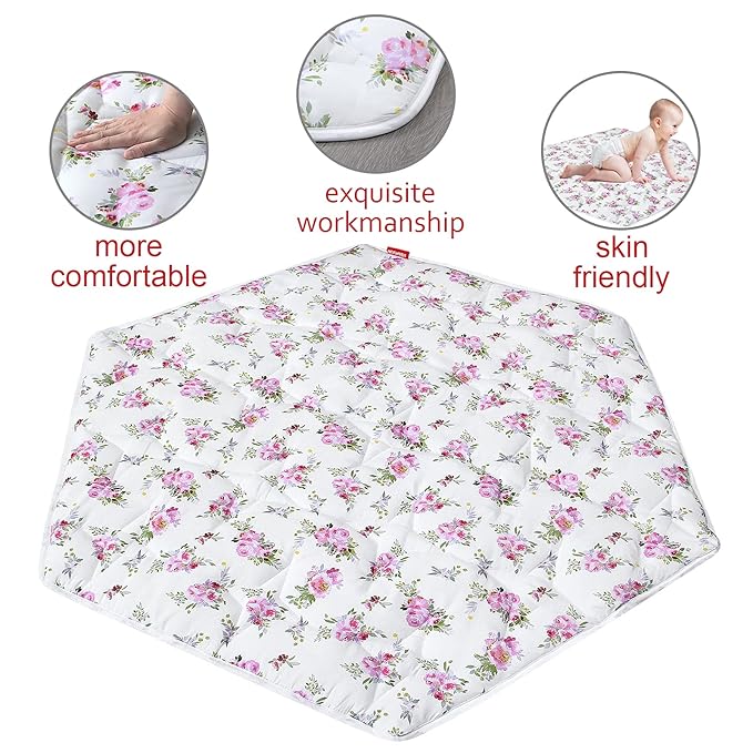 Hexagon Playpen Mat, Floral Print Baby Playmat fits Regalo Portable Play Yard 48 Inch, Six Pannel Playpen Kids Tent Mat Hexagon Rug Mat