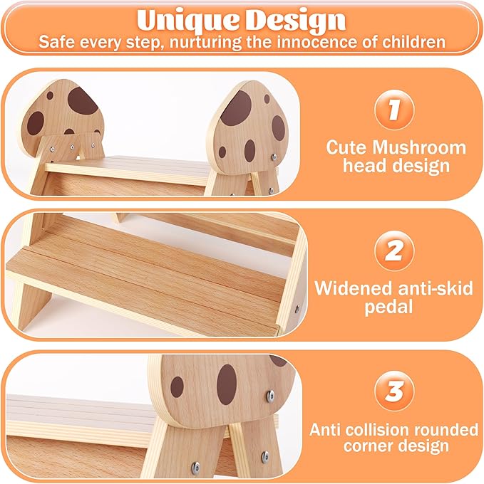 Novarieth Beech Wooden Toddler Step Stool, 2-Step Foldable Stool for Kids with Non-Slip Surface, Baby Bathroom Stool for Potty Training, Bathroom Sink, Kitchen Counter with Cute Mushroom Design