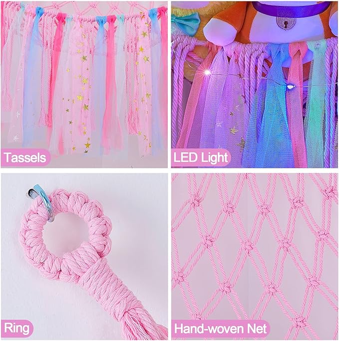 FIOBEE Stuffed Animals Net or Hammock with LED Light, Toy Hammock Hanging Stuffed Animals Storage Organizer Holder Room Décor for Nursery Kids Bedroom