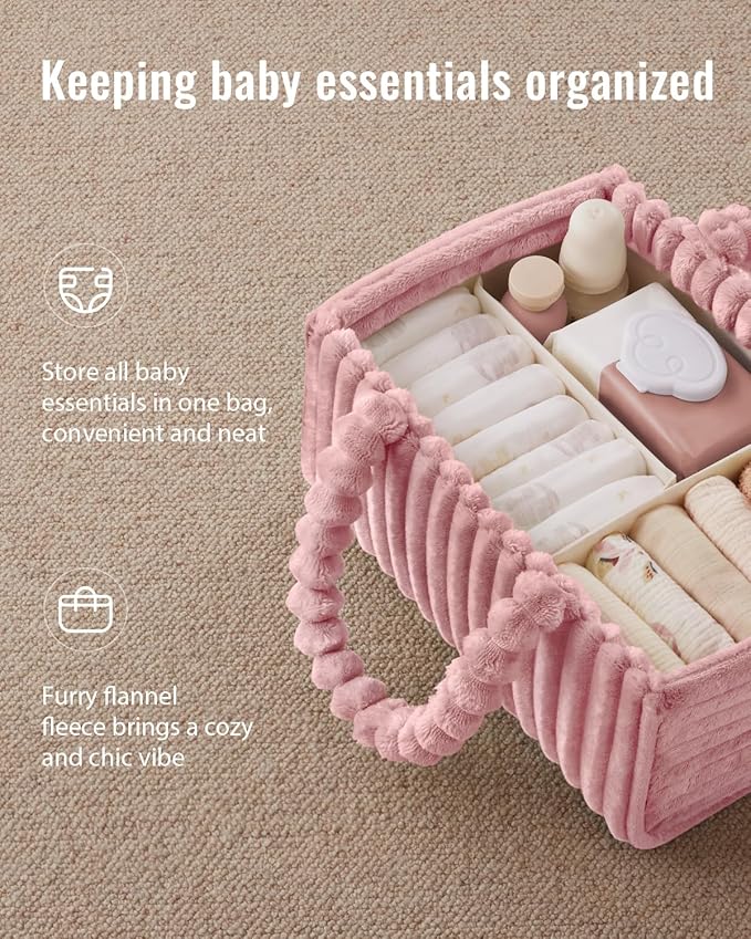 Blissful Diary Flannel Diaper Caddy Organizer, included Gift Packaging, Cozy Nursery Storage Basket, Gift for Baby Shower, Newborn Essentials, Blush Pink