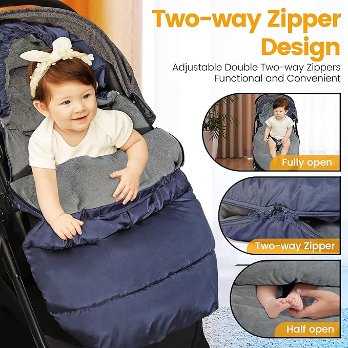 Orzbow Universal Stroller Bunting Bag, Winter Baby Footmuff for Strollers, Warm Coral Fleece Stroller Winter Cover for Cold Weather, Waterproof & Windproof, Baby Essentials Must Have, Blue