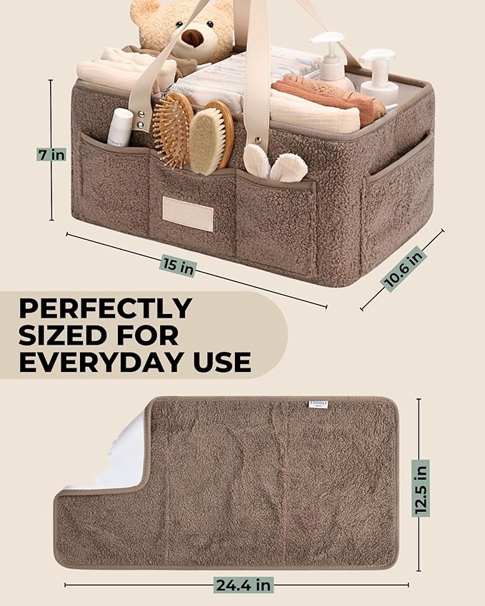 Toodly Baby Diaper Caddy Organizer with Portable Changing Mat - Teddy Fleece Diaper Organizer for Changing Table - Basket for Changing Essentials - Baby Essentials Organizer with Removable Dividers