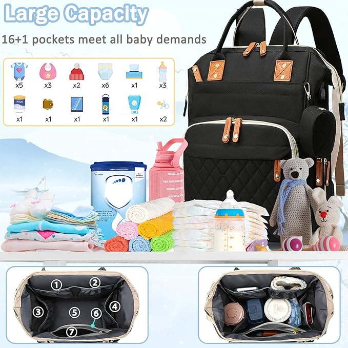 SHITIESHOU Diaper Bag Backpack Baby Bag, Baby Girl Boy Diaper Bag for Dad Mom with Pad, 16 Pockets, Pacifier Case, Large Diaper Bags Unisex for Travel (Black)