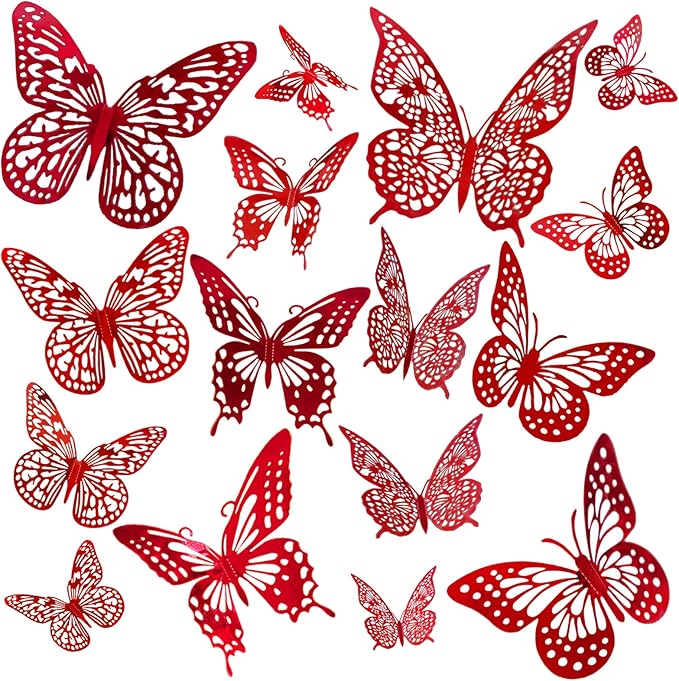 JOSDIOX 3D Red Butterfly Wall Stickers - 48 Pcs with 4 Styles & 3 Sizes, Removable Decor for Party Birthday Wedding Balloon Decoration (48 Red)