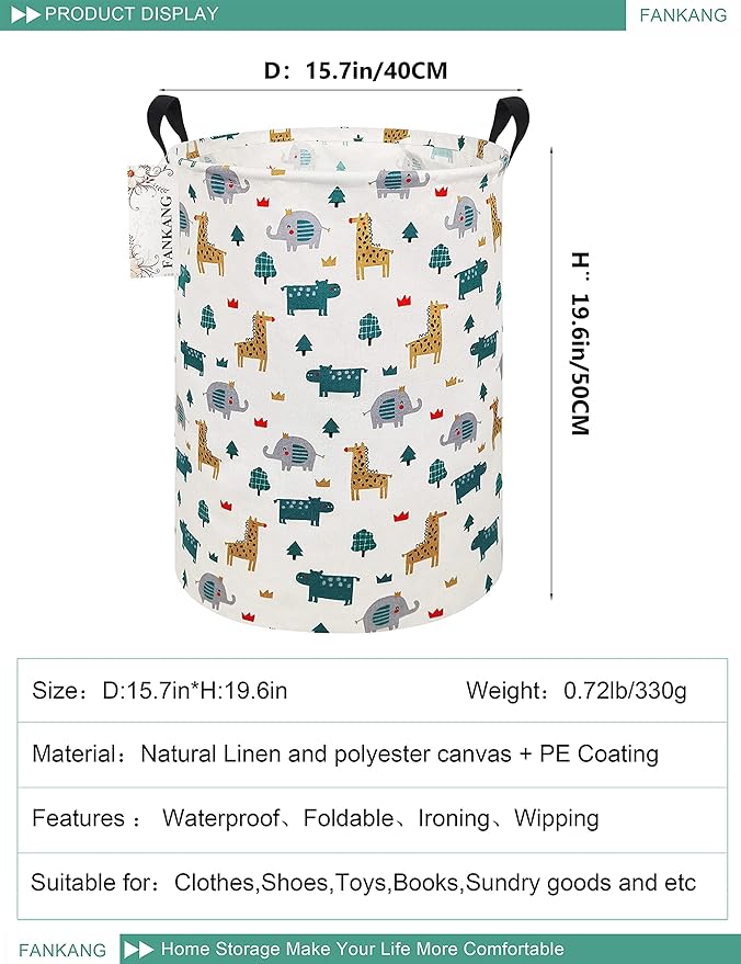 FANKANG Storage Basket, Nursery Hamper Canvas Laundry Basket Foldable with Waterproof PE Coating Large Storage Baskets for Kids Boys and Girls, Office, Bedroom, Clothes,Toys（Froest animals）