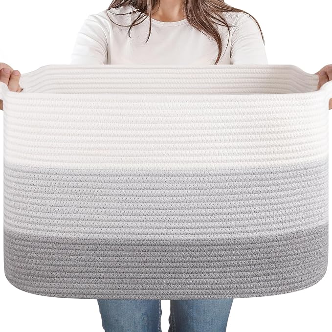 SIXDOVE 65L Large Storage Basket, Cotton Rope Woven Blanket Basket, Toy Storage for Baby Room, Living Room, Gradient Grey