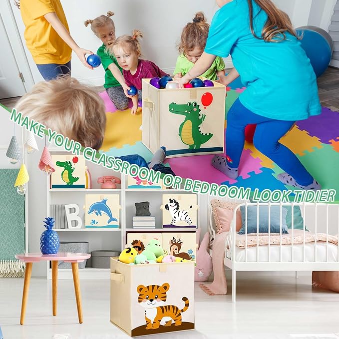 Kigley 6 Pcs Collapsible Cube Storage Bins Kids Foldable Storage Cube Organizer Fabric Toy Box Decorative Kids with Handles for Home Nursery Bedroom, 10.6 x 10.6 Inch(Vivid Animal)