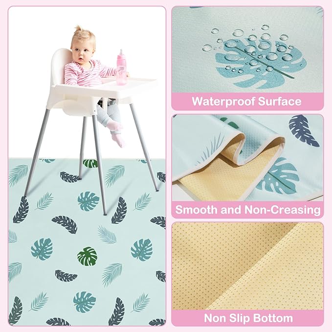 Basumee Splat Mat High Chair Mat Waterproof Baby Play Splat Mat for Under High Chair Food Catcher Highchair Mat for Floor Non Slip Bottom, Blue Leaves, 46x42 Inches