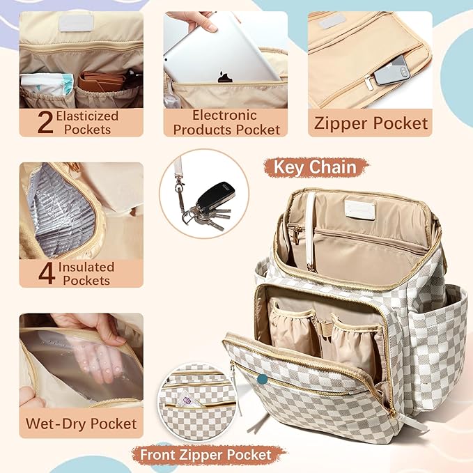 Omanmoli Checkered Diaper Bag Backpack Large Baby Diaper Bag Leather with 17 Diaper Bag Organizing Pouches,Changing Pad,Stroller Straps,4 Insulated Pockets,Beige&Honey