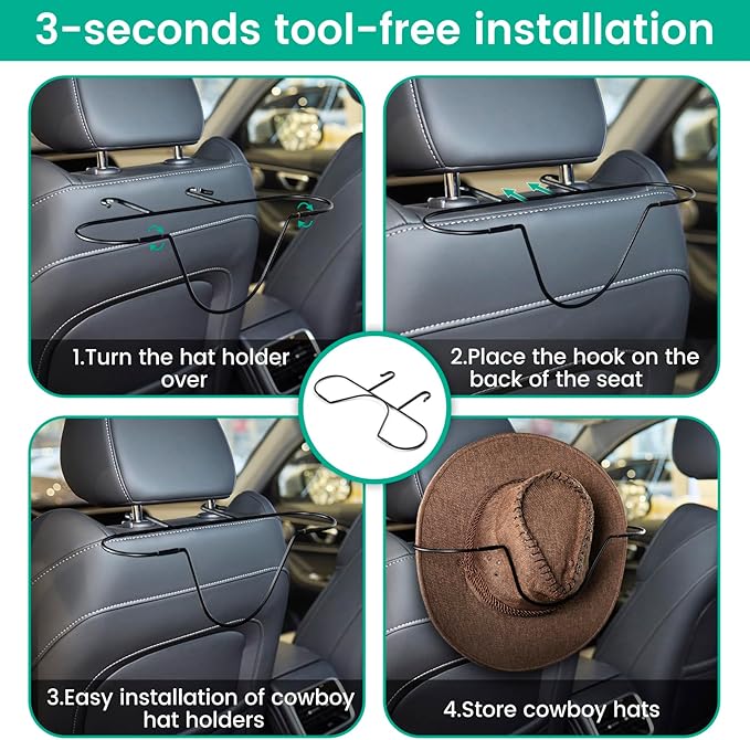 Folding Design Hat Rack For Car, Cowboy Hat Holder For Truck SUV Car(keep Hat Shape), Automotive Seat Back Hard Hat Holder Car Clothes Hanger, Cowboy Hat Organizer for Automotive Travel