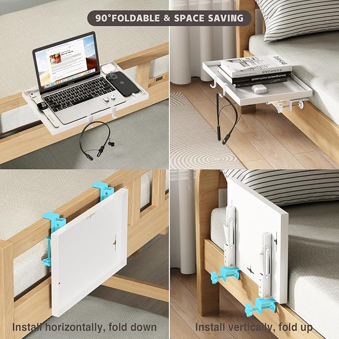 Magheo Foldable Bedside Shelf, Metal Clip-On Bunk Bed Table Shelf for Top Bunk Heavy Duty Bed Side Table Tray for College Dorm Room Essentials, Loft Nightstand Organizer Tray with 3 Cord Hole(White)
