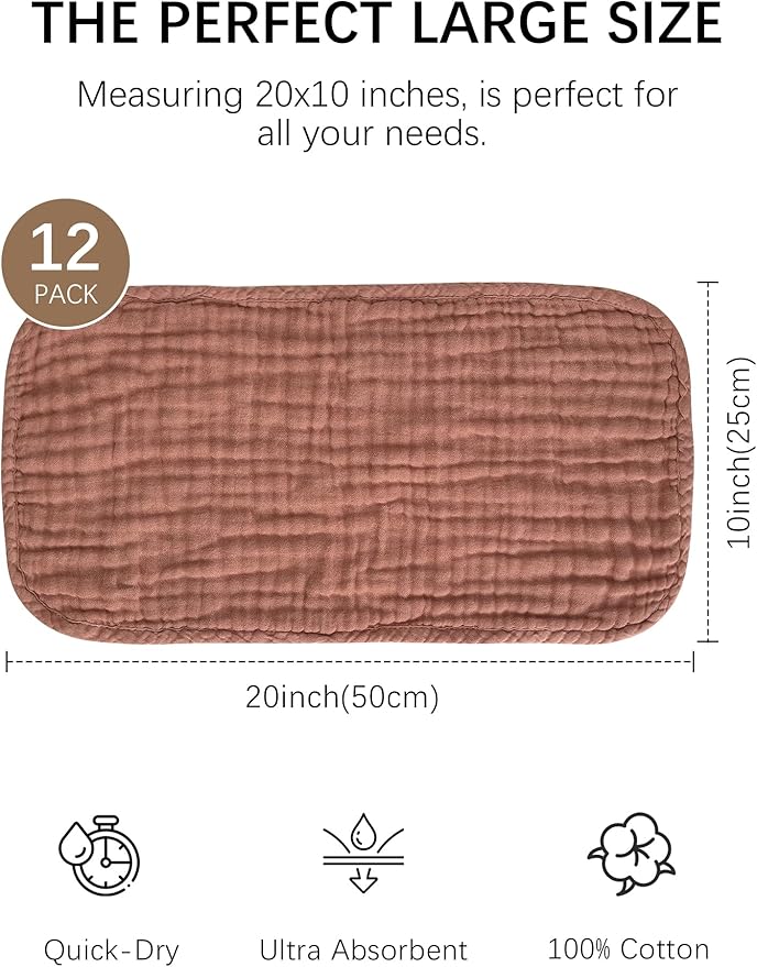Lovely Care 12 Pack Muslin Burp Cloths 100% Cotton Muslin Cloths Large 20''x10'' Extra Soft and Absorbent Baby Burping Cloth - Boho Neutrals