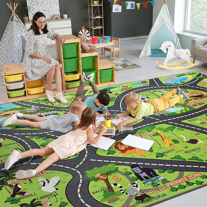Zoo Adventure Kids Rug, Cute Animal Play Mat with Non-Slip Backing, Kids Carpet with Lions, Tigers & Giraffes for Educational and Fun Playtime, 8x10ft