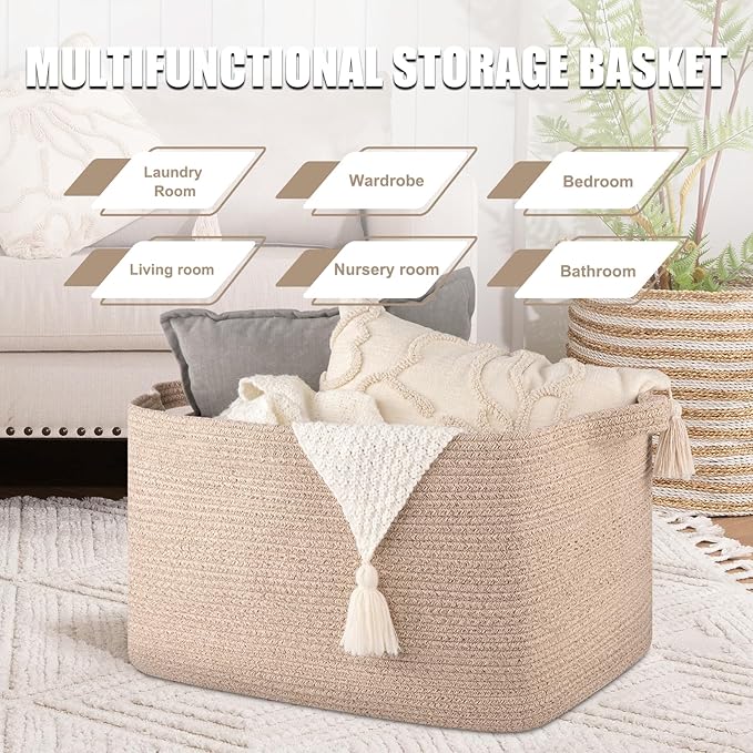 SIXDOVE 95L Large Storage Basket, Cotton Rope Woven Blanket Basket, Toy Storage for Baby Room, Living Room, 24" x 16.9" x 14.2", Brown