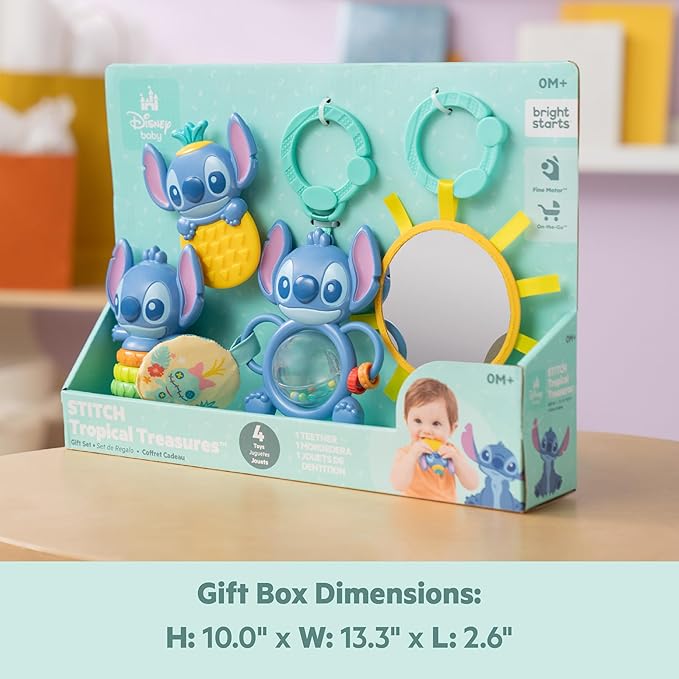 Bright Starts Disney Baby Stitch Tropical Treasures Gift Set with 4 Stitch Inspired Toys Including Baby-Safe Mirror and Teether, Newborns & Up