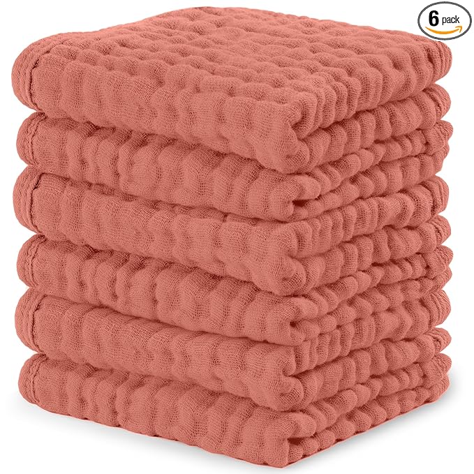 Comfy Cubs Muslin Baby Washcloths 6 Pack - Soft 6-Layer Cotton Wash Cloths for Sensitive Skin - 10"x10" Large, Gentle, Absorbent Infant Essentials for Newborn and Toddlers - Dusty Rose