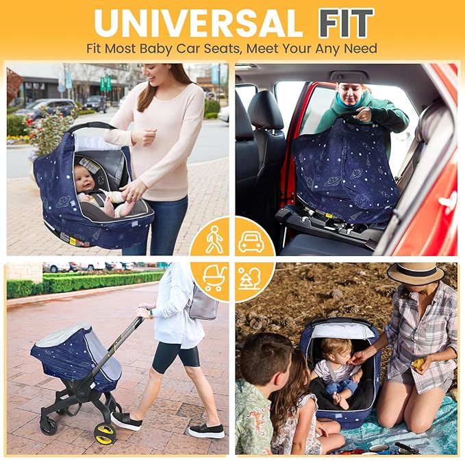 Orzbow Baby Car Seat Cover, Breathable Car Seat Canopy for Girls Boys with Mesh Window, Lightweight Baby Carrier Cover for Wind, Dust, Sun and Insects Protection, Universal Fit, Dark Blue
