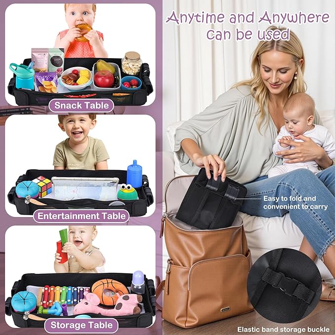 Babenest Stroller Snack Tray for Wonderfold Wagon W4, Foldable Thickened Snack Tray with Cup Holder, Storage Mesh Bag & Pen Slot, Easy to Clean Snack Board for Drawing
