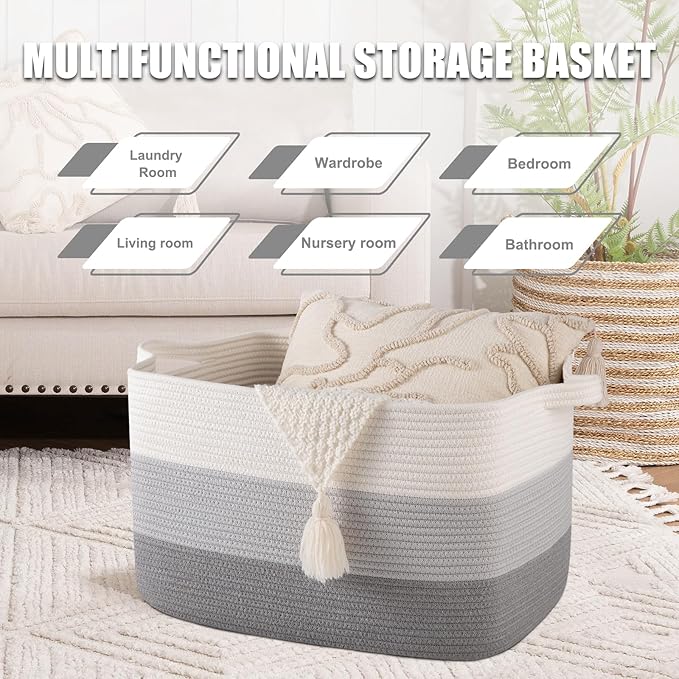 SIXDOVE 65L Large Storage Basket, Cotton Rope Woven Blanket Basket, Toy Storage for Baby Room, Living Room, Gradient Grey