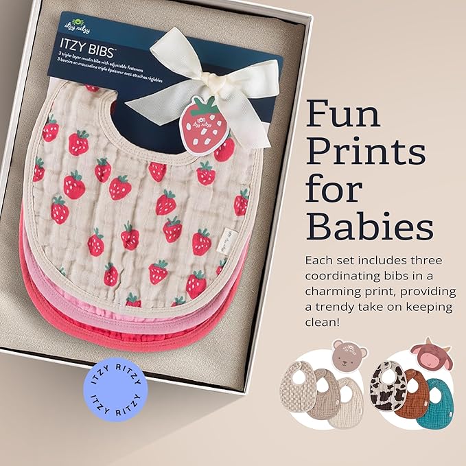 Itzy Ritzy Set of 3 Baby Bibs - Ultra-Soft Adjustable Infant & Toddler Bibs Made of Triple-Layer Cotton Muslin, Ideal for Drooling, Teething, & Eating - 3 Stylish, Coordinating Prints (Strawberry)