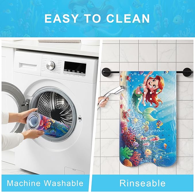 Upgrade Cartoon Baby Bath Mat Non Slip - 40"x16" Extra Long Bathtub Mat for Baby Eco Friendly Durable Bath Mat for Tub Non Slip Kids Tub Mat with Suction Cups, Machine Washable and No Fading, Mermaid