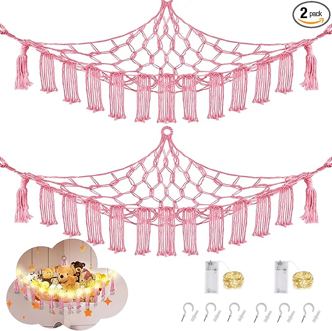 CERETIA Stuffed Animal Hammock with LED Light, Large Stuffed Animals Storage Corner Plushie Net for Kids Room Decor, 2 Packs Pink