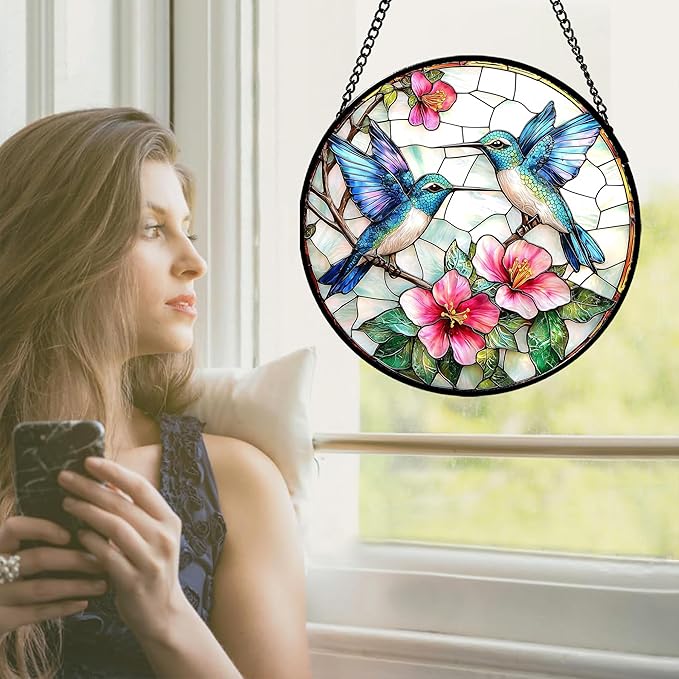 JOSUMALY Stained Glass Window Hanging - Blue White Hummingbirds Pink Flowers Suncatcher for Door Terrace Garden Home Decor Bird Sun Catcher Birthday Gifts for Lovers Women Men Dad Mom Nana 6.3 in