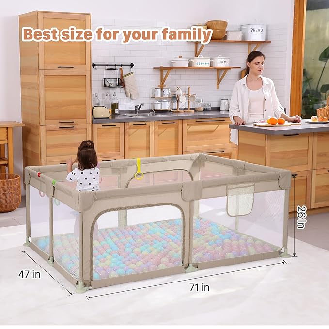 Dripex Large Baby Playpen 71×47 Inch, Big Play Pens for Babies and Toddlers- Indoor & Outdoor Kids Safe Play Area, Soft Breathable Visible Mesh, Anti-Fall & Anti-Slip Design Baby Fence, Khaki