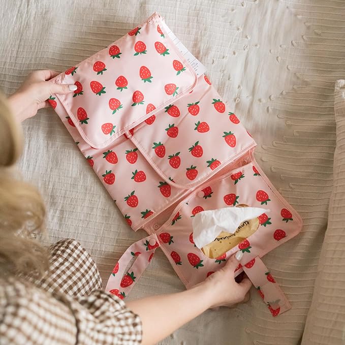 Tiny Twinkle Portable Diaper Changing Pad | Waterproof, Wipeable & Compact Baby Changing Pad for Travel | Smart Wipes Pocket & Organized Storage| Newborn Shower Gift (Strawberries)