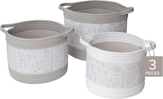 RGI Home Decorative Storage Baskets with Zoo Animal Prints, Set of 3 Round Fabric Rope and Linen Bins for Nursery or Playroom Organization, Multi-Sized with Easy-Carry Handles, Vapor Blue and White