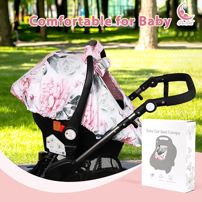 Pea Pod Car Seat Cover for Baby Girls, Floral Infant Car Seat Canopy Cover for Newborn, with 2 Layers Windows of Breathable Mesh/Fabric, 3D Minky Dot Backing, Ultra Soft & Comfortable