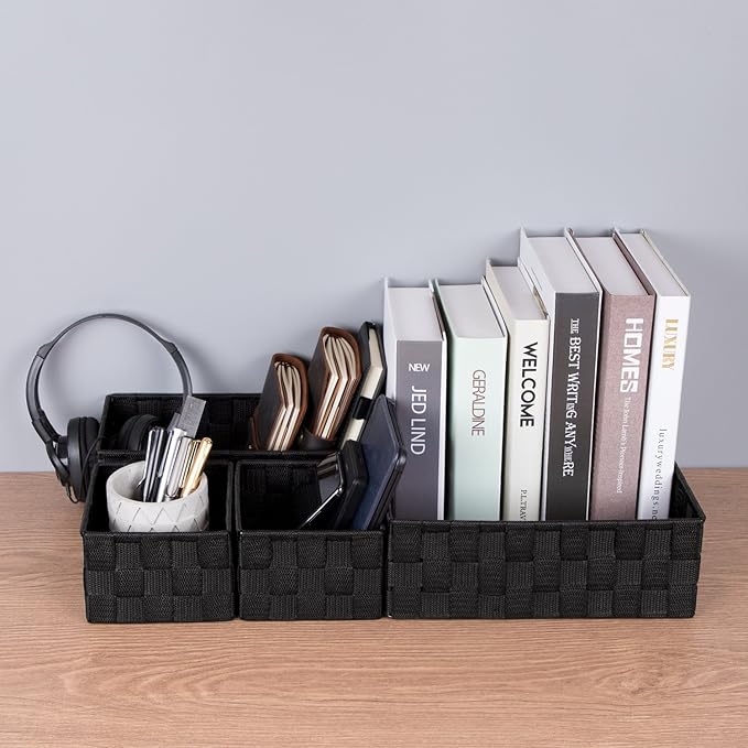Posprica Small Black Baskets Cube Bin Container Tote,Woven Storage Baskets for Organizing Organizer Divider for Drawer, Closet, Shelf, Dresser, Set of 4