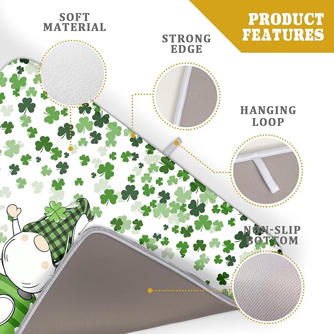 St Patrick's Day Gnomes Love Dish Drying Mat for Kitchen Counter,Green Shamrock Clovers Drying Mat 18 x 24 Inch with High Absorbent Microfiber Drainer Mat for Coffee Bar
