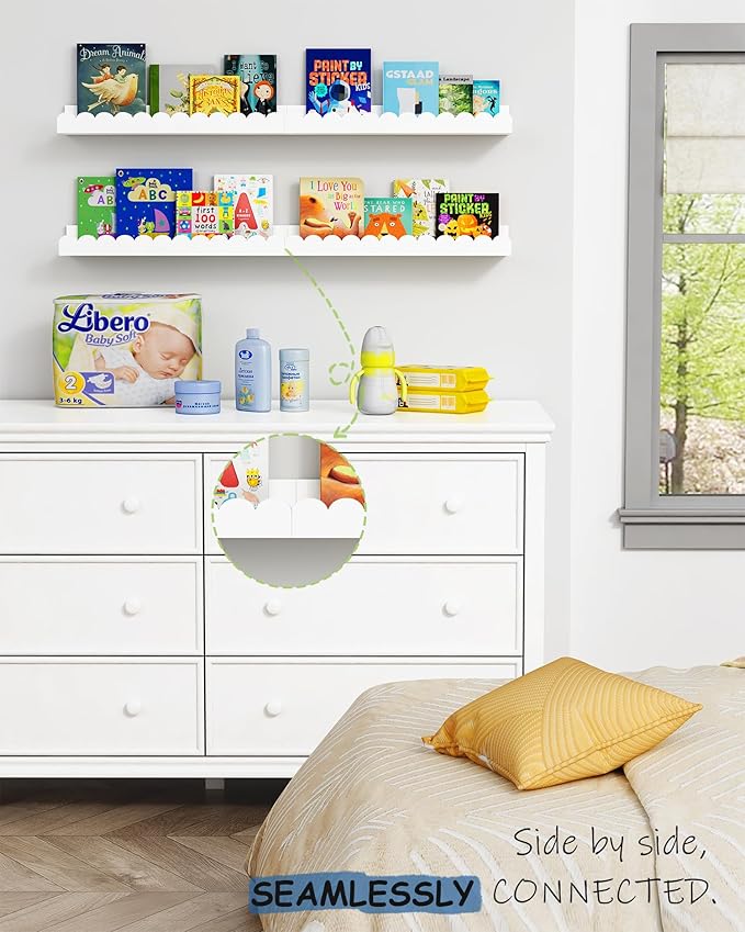 Scalloped Nursery Floating Shelves for Wall Set of 4, White Kids Book Shelves Wall Mounted, Cloud Hanging Bookshelf for Baby Toddler Child Girls Boys Room Bathroom Bedroom Toys (Pine Wood)