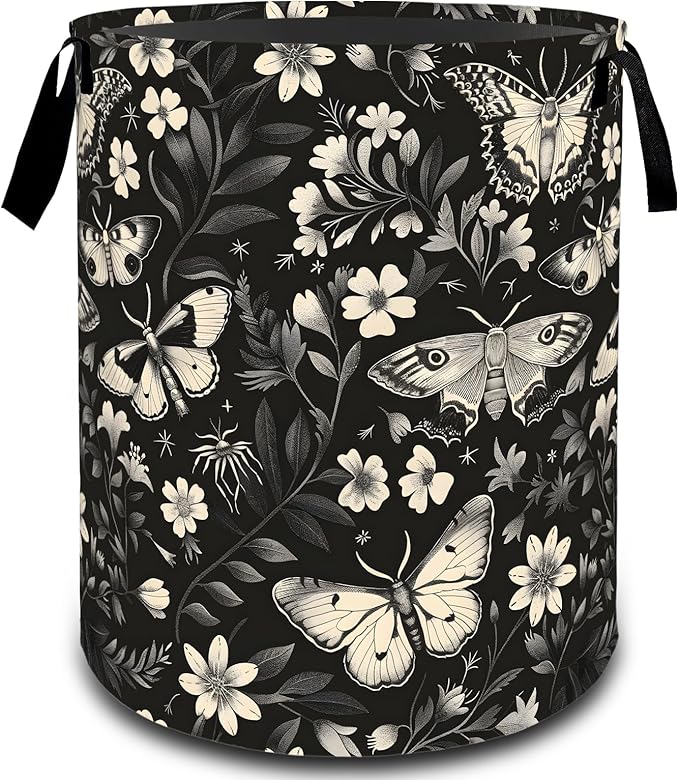 VODRM Vintage Butterfly Moth Floral Laundry Basket, Dirty Collapsible Clothes Toy Organizer Hamper for Kids Adults, Oxford Cloth Waterproof Storage Bin for Room Bathroom Home Decor Gifts, 19.7"X15.7"