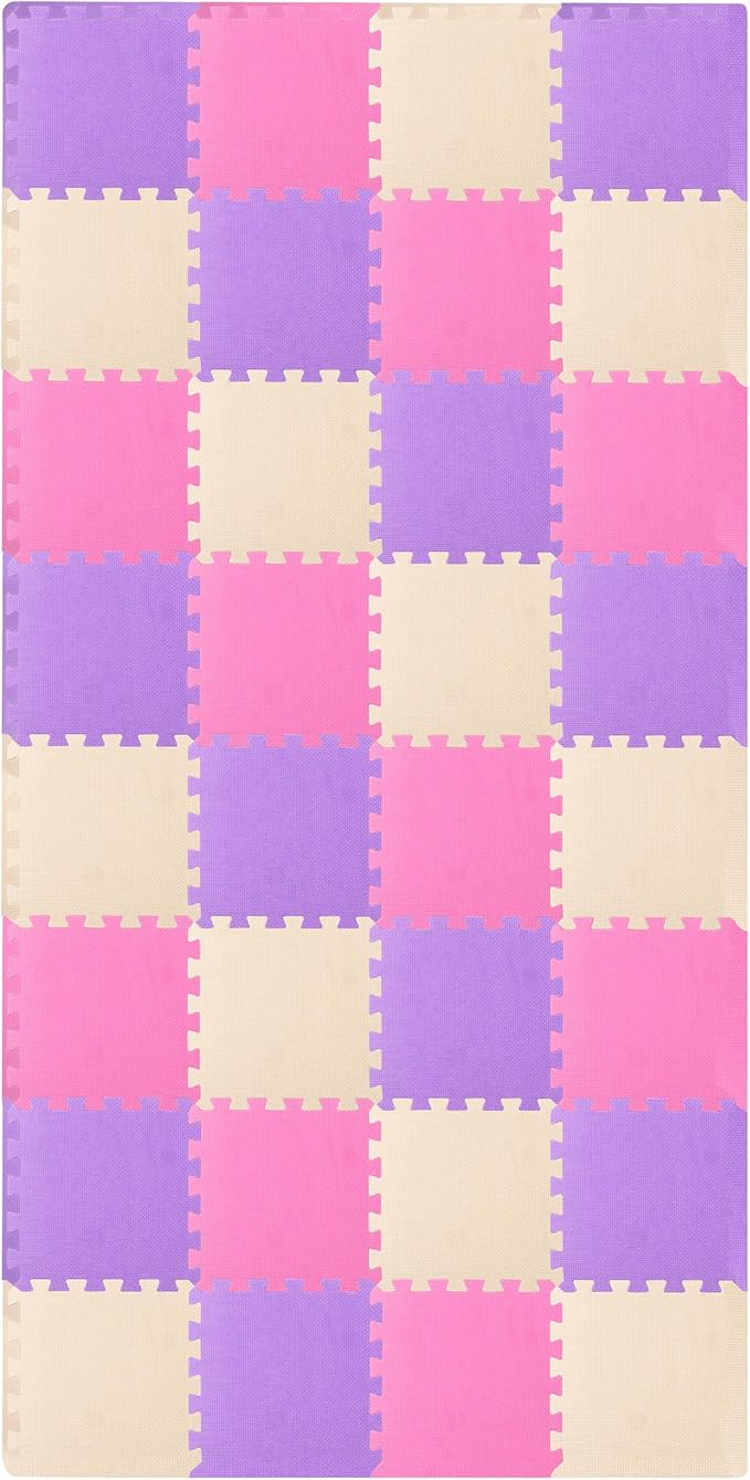 ProSource Baby Play Mat, Soft Foam Floor Tiles for Kids, Interlocking EVA Panels for Playpen Use, Crawling Development Surface, Safe Non-Toxic Toddler Flooring, 32 Tiles, Pink/Purple/Beige