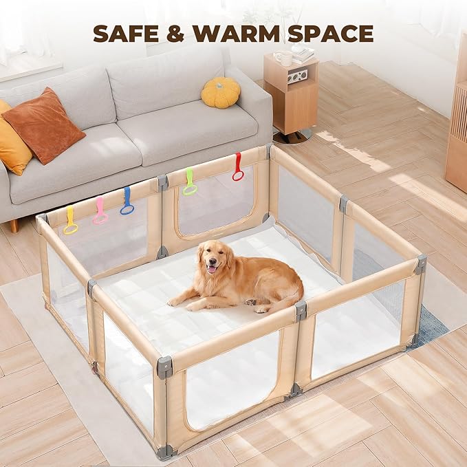 Dripex Foldable Baby Playpen, Extra Large 71"x69" Collapsible Play Pen for Babies - Indoor Outdoor Play Yard with Adjustable Shapes, Baby Fence Play Area with Visible Mesh, Beige