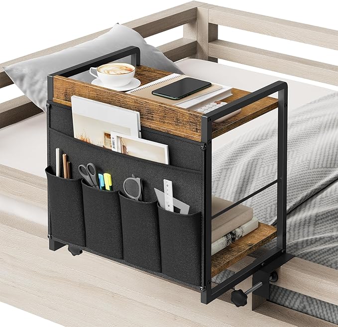 Bedside Shelf, Bunk Bed Shelf with Fabric Pockets Storage, Clip-on Loft & Bunk Bed Tray Shelf for College, Nightstand for Apartment, Sofa, Bedroom, Rustic Brown and Black ET20BR