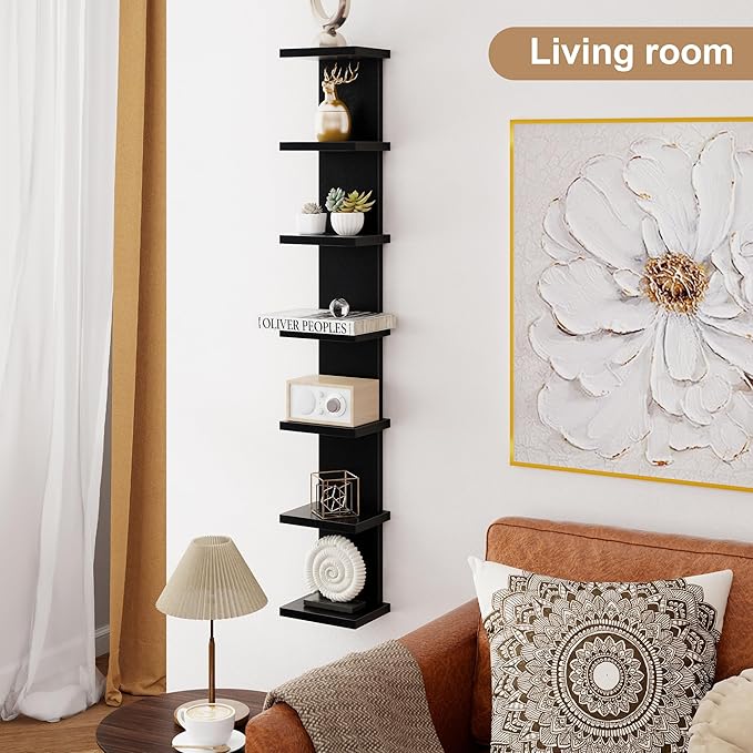Fun Memories 7 Tier Wall Shelf Unit, Black Floating Shelves for Storage - Vertical Column Tower Design, Lack Wall Shelf Space Saving Organizer for Bedroom, Living Room, Home Decor
