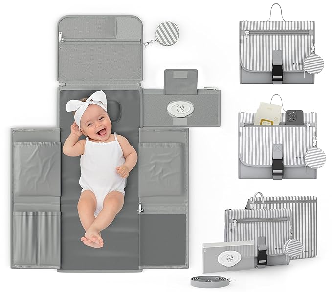 Portable Diaper Changing Pad - Large, Waterproof Travel Changing Pad for Baby with Extra Storage, Wipes Pocket & Pacifier Case - Portable Diaper Changing Station - Gray Striped