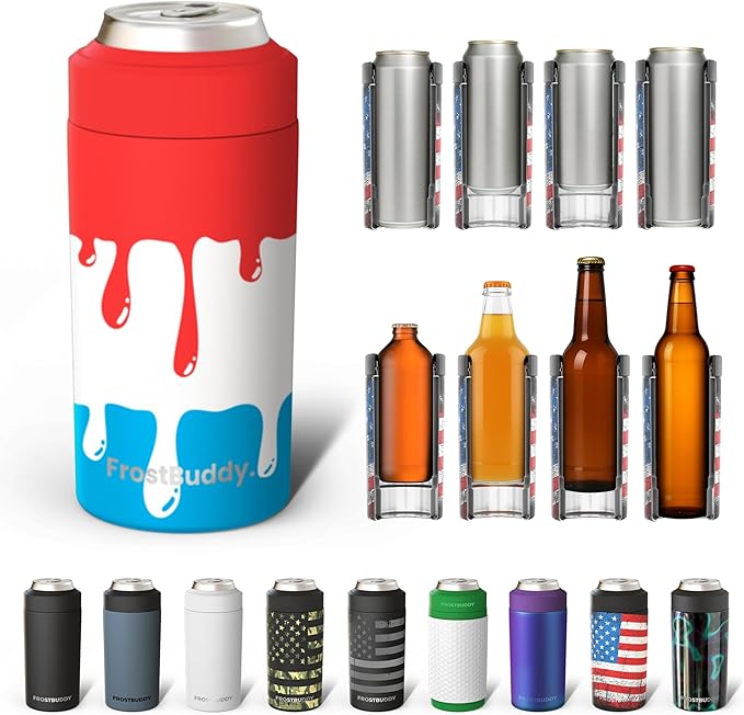 Frost Buddy Universal Can Cooler - Fits all - Stainless Steel Can Cooler for 12 oz & 16 oz Regular or Slim Cans & Bottles - Stainless Steel (Rocket Pop)