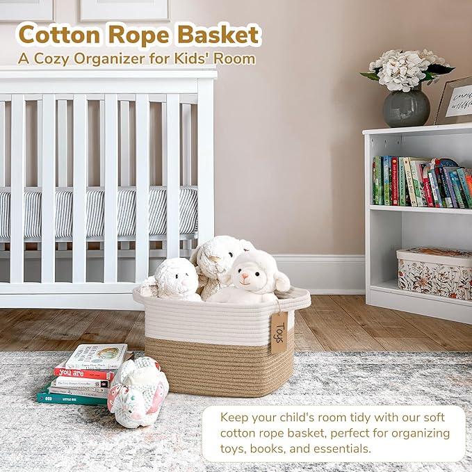 Goodpick Woven Storage Basket for Shelves, Medium Empty Gift Basket with Handles, Square Wicker Dog Toy Baskets, White and Jute Storage Bin, 13 x 10 x 9 Inches