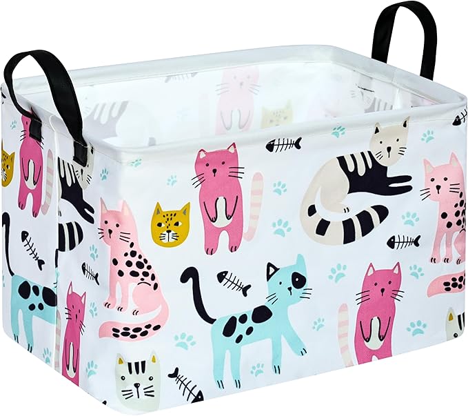 DUYIY Rectangle Gift Storage Basket Home Shelf Storage Basket Organizer Box Clothes Laundry Hamper Nursery Basket Laundry Basket with Handles (Cat)