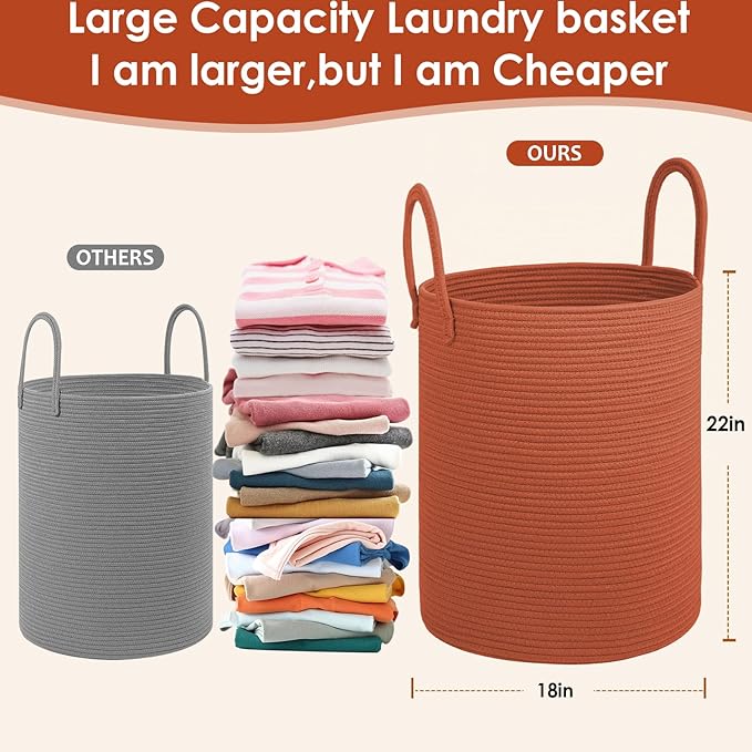 Cotton Rope Laundry Basket, Large Capacity Storage Bin with Handles, Large Blanket Basket for Living Room, Ribbed Texture (Brick Red, XX Large 100L)