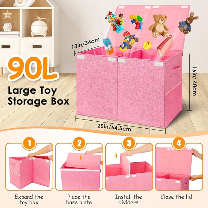 Fineonly Large Toy Storage Box with Lid Upgraded Toy Chest Organizer with Removable PP Divider Foldable Toy Bin for Kids Boys Girls Linen Fabric Toy Box for Playroom Nursery Bedroom (25"x13"x16")