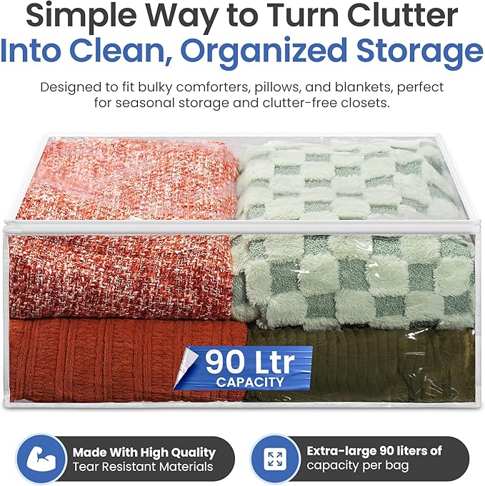Handy Laundry Blanket Storage Bags - 90 L, Pack Of 4, Zippered Large Clear Plastic Storage Bag, Shield Your Quilt Blankets, Bedding & Clothes from Dust, Dirt & Moisture, Gliding Zipper for Easy Access