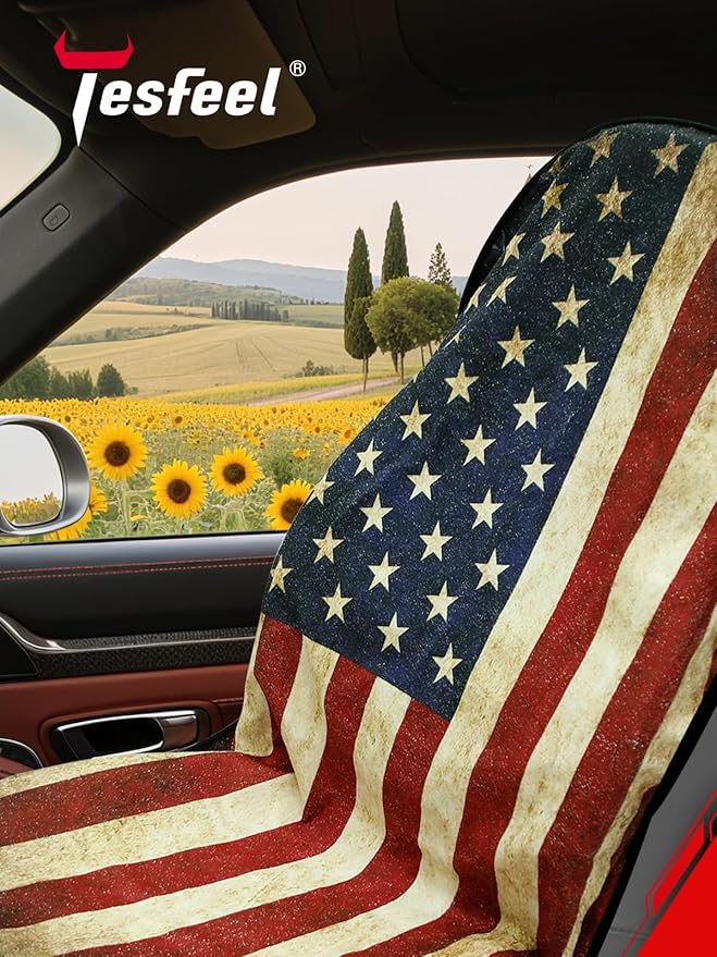 TESFEEL Universal Car Seat Cover Towel, Waterproof Washable Sweat Protection for Front Bucket Seats, Non-Slip Fit, Fits Cars SUVs Trucks, Ideal for Gym, Kids, Pets, (American Flag, 1 Pack)