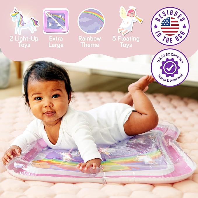 SplashEZ Lights Up Tummy Time Water Mat for Babies, Large Baby Water Mat Tummy Time for Sensory Play with LED Glowing Fishes, Inflatable Fun Play Pad for Infants & Toddlers 3 to 36 mo